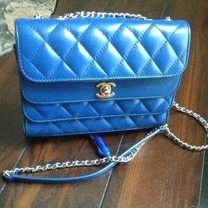 Chanel Triple Double Flap Royal Blue Quilted Crossbody Bag